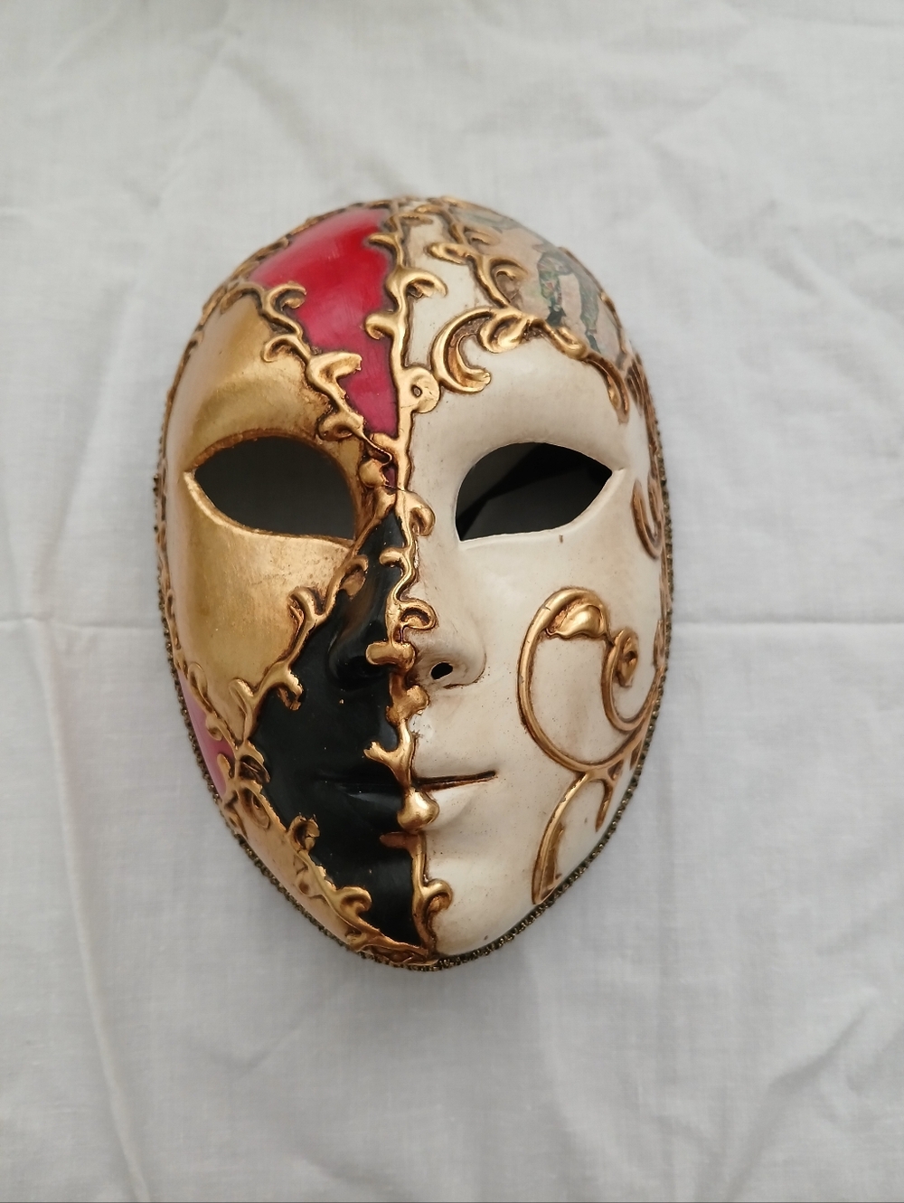 Hand-Painted Venetian Style Decorative Mask in White, Gold, Black & Red